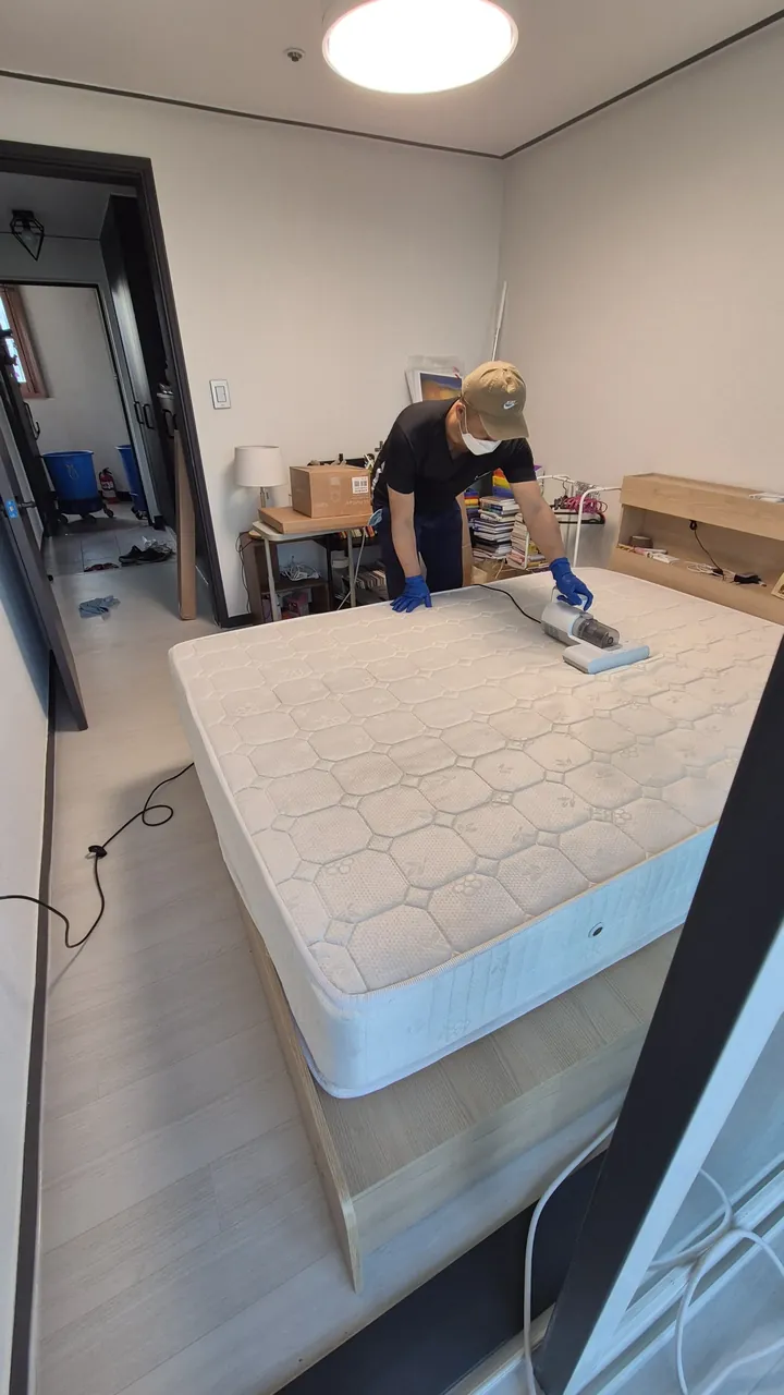 침구청소기로 매트리스 윗면을 작업하는 모습 — 침대 프레임 매트리스 청소 2단계